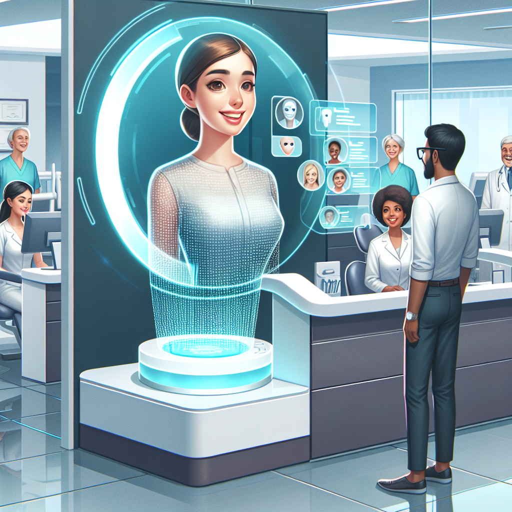 An illustration of a modern dental office. The front desk is staffed by an artificial intelligence (AI) receptionist projected holographically. The AI receptionist, a woman of Middle-Eastern descent, beams with a welcoming smile, processing an incoming patient's appointment on a streamlined holographic interface. A Black male patient stands across the desk, wearing professional attire, looking positive and satisfied. In the background, there are South Asian and Hispanic dental professionals working with Caucasian patients, improving their oral health. The environment is clean, efficient and high-tech, representing a revolutionized patient experience.
