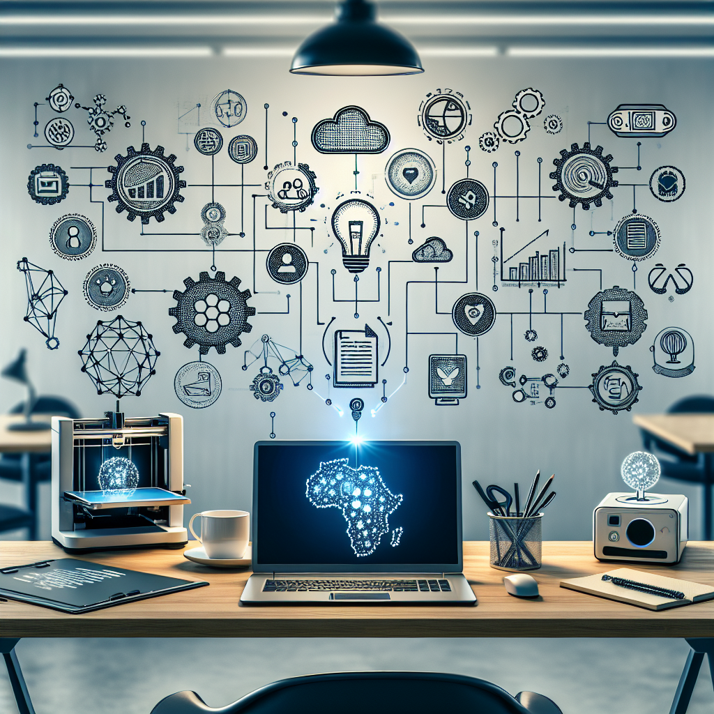 Imagine an innovative workplace where artificial intelligence plays a key role in automation. Picture a wide desk with 10 differentiated tools scattered on it, each marked with an icon that symbolizes their purpose. There is a laptop open to a software program that organizes tasks, a small robot that represents automated customer service, a 3D printer creating products, a soft light bulb reflecting innovative ideas, a chart graph indicating analysis, gears signifying process optimization, a cloud icon demonstrating cloud computing, a safety shield symbolizing cybersecurity, a mailbox for email automation, and a stopwatch aptly illustrating time management. All set in a well-lit modern office, suggesting ultimate efficiency.