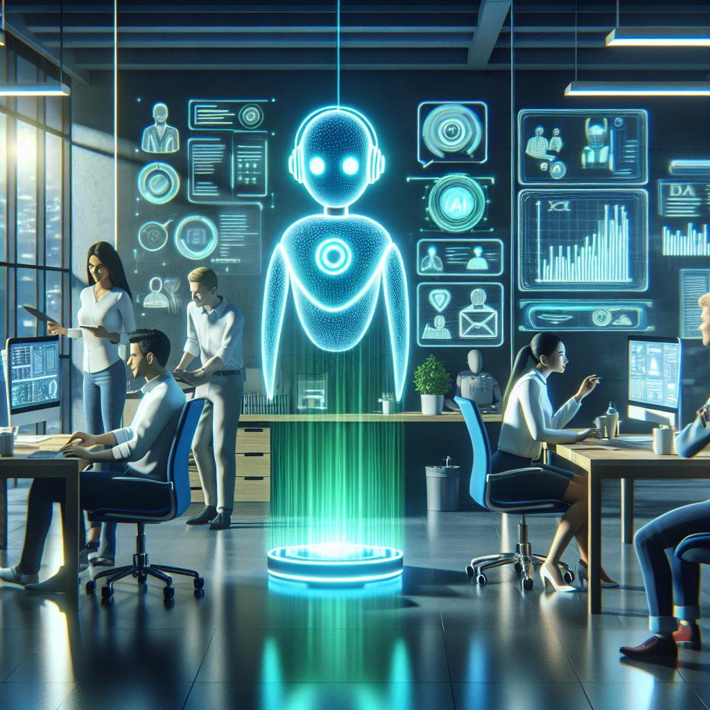 Imagine a modern workplace scene. In the heart of the room is an AI holographic chatbot assistant, lighting up in vibrant cyber green. It's interacting seamlessly with diverse group of office workers. A Caucasian male developer, a Middle-Eastern female HR executive, and a Hispanic male customer service representative are all engrossed in conversation with the AI. In front of them, holographic interfaces pop up, showcasing graphs, messages, and automated tasks being handled. The room is filled with elements that symbolize efficiency and technology, like floating digital screens, futuristic devices, and a sleek, minimalistic interior design. The overall atmosphere conveys effortless support automation.