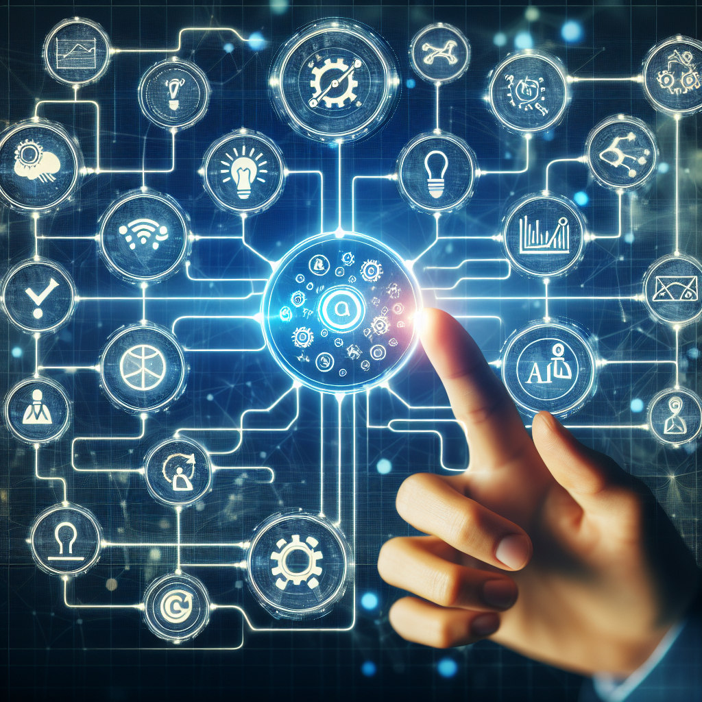 An optimised workflow diagram showcasing the integration of ten different AI automation tools, essential for small businesses. The diagram comprises of interconnected symbols and nodes representing different stages of a business process. Each node is labeled with an AI automation icon, signifying a specific essential tool. Picture it on a digital interface with a soft glowing backdrop. This symbiotic system demonstrates seamless communication and data transfer across the business workflow. Digressively, a pair of ethnically diverse, gender inclusive human hands interacts with the interface, encapsulating the user-led operation of these tools.