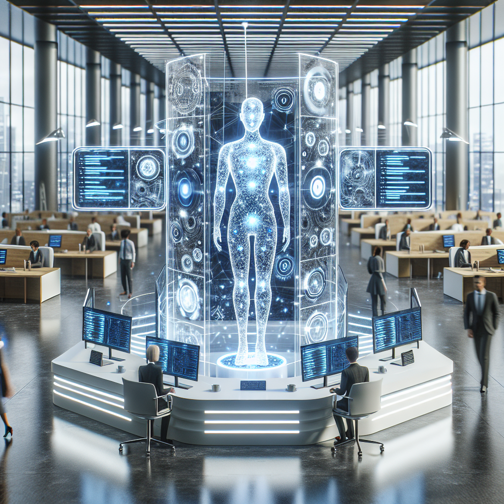 Imagine the future in 2025. A sleek, modern AI helpdesk stands at the center of an airy, high-tech corporate office space. The helpdesk is formed by a myriad of projecting screens displaying dynamic chat interfaces, all managed seamlessly by an illustrated embodiment of AI. The AI, an androgynous intelligent figure, is constructed from luminous lines of light in shades of blue and white, hinting at the high-end tech it's made of. There are also visible elements suggesting the automation of the support services it provides, like a conveyor belt rapidly processing support tickets or 3D gears spinning effortlessly.