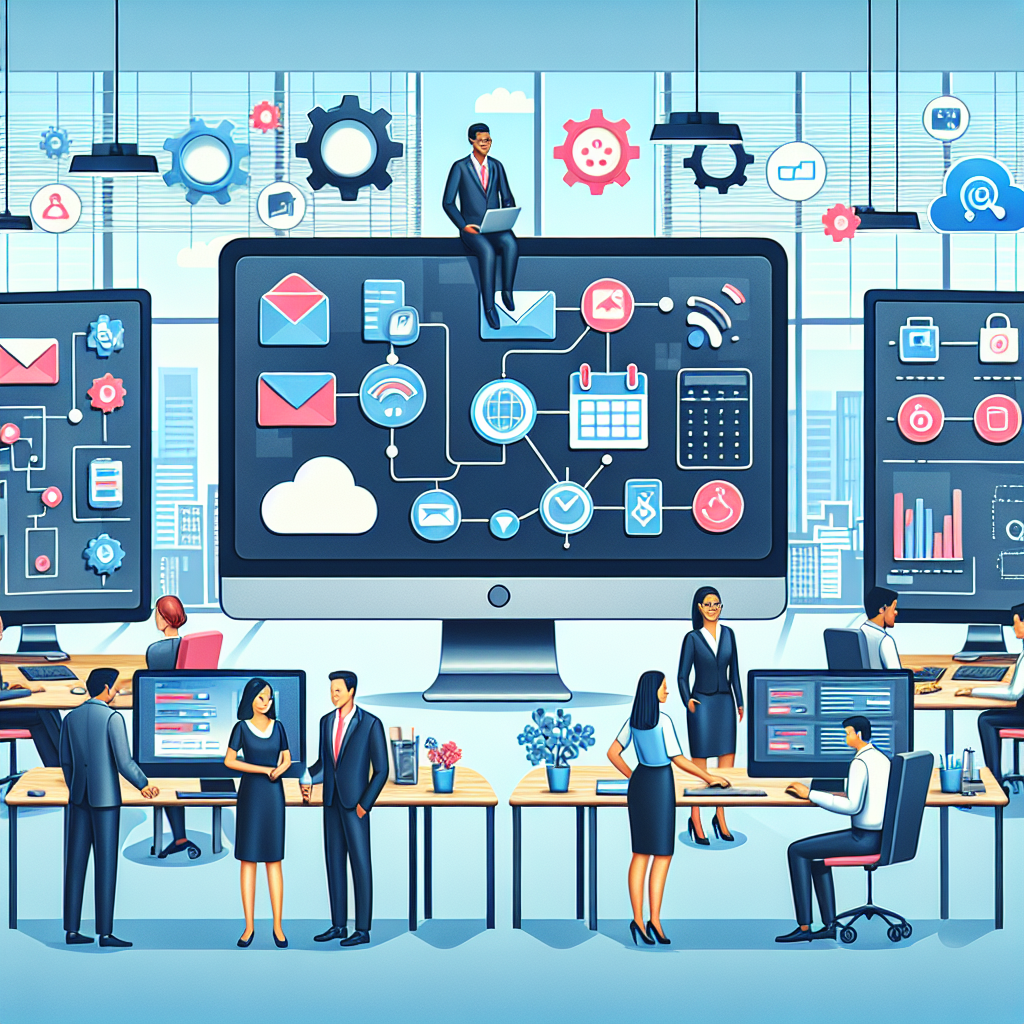 Illustration of a small business environment with digital workspace on multiple computer monitors. The screens display a variety of icons representing automation tools such as calendar scheduling, email filtering, workflow charting and cloud storage, among others. In the background is an office setting with employees of different genders and descents, such as a Caucasian female and a South Asian male, interacting and working together efficiently due to AI automation.