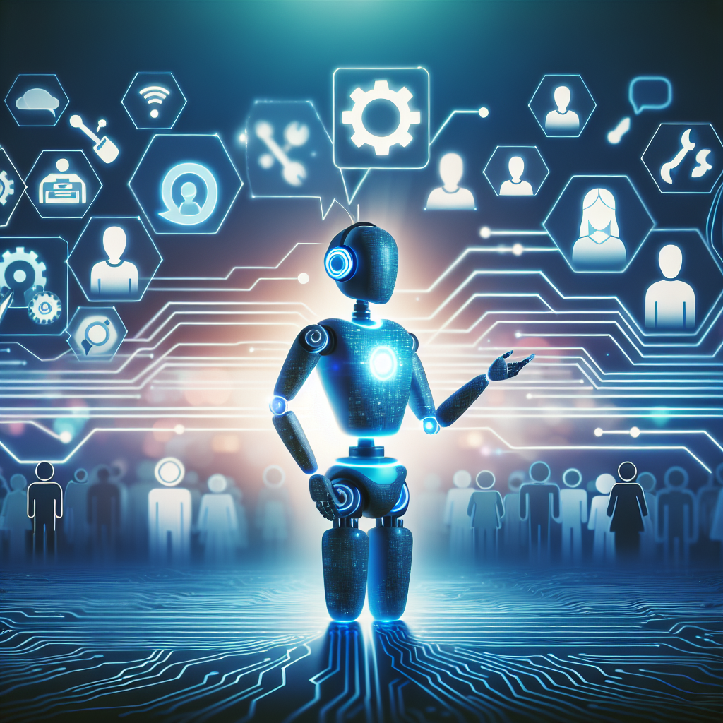 Imagine the future of customer support, specifically in the year 2025. In the forefront, depict a sleek and intelligent chatbot, embodied in a computerized silhouette glowing with a soothing blue light, actively assisting an array of customers. Show a variety of people represented by icons, each with their individual problems symbolized by abstract symbols such as a broken gear or an error sign. In the background, portray a serene, digitized landscape symbolizing the automation process. The chatbot should be tactfully handling all queries with ebbing and flowing streams of information, symbolizing effortless support automation.