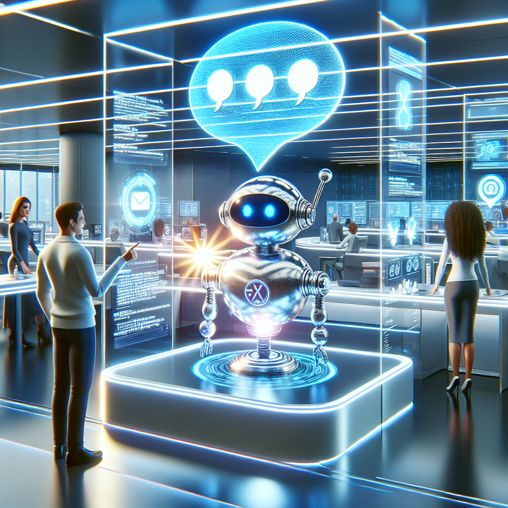 Imagine the year 2025. The evolution of chatbots has completely transformed customer service. Display an advanced AI chatbot, perhaps shaped as a metallic sphere with the icon of a speech bubble glowing on its surface, at the helpdesk of a modern, streamlined office. The robot's speech bubble radiates a pulse of light, symbolizing its intense data communication. Nearby, several users, a middle-eastern woman and a hispanic man, are interacting with the chatbot through holographic screens displaying various inquiries and the AI's instant responses. The scene is bright, futuristically designed and colorfully backlit to reflect the hi-tech era.