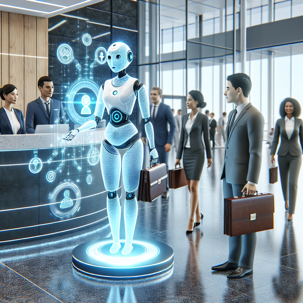 A visually engaging representation of technology and law converging, showcasing a high-tech office reception area. In the forefront, an AI receptionist with a futuristic design, glowing with a soft blue hue, should be pictured. She's South Asian and interacting with on-screen data panels floating in the air. To her side, a diverse set of visitors: a Middle-Eastern man and a Hispanic woman, both holding briefcases and looking impressed. In the background, you can see well-dressed lawyers, one Caucasian woman and one Black man, in a discussion while walking towards a meeting room. The environment should feel modern, sleek, and efficient.