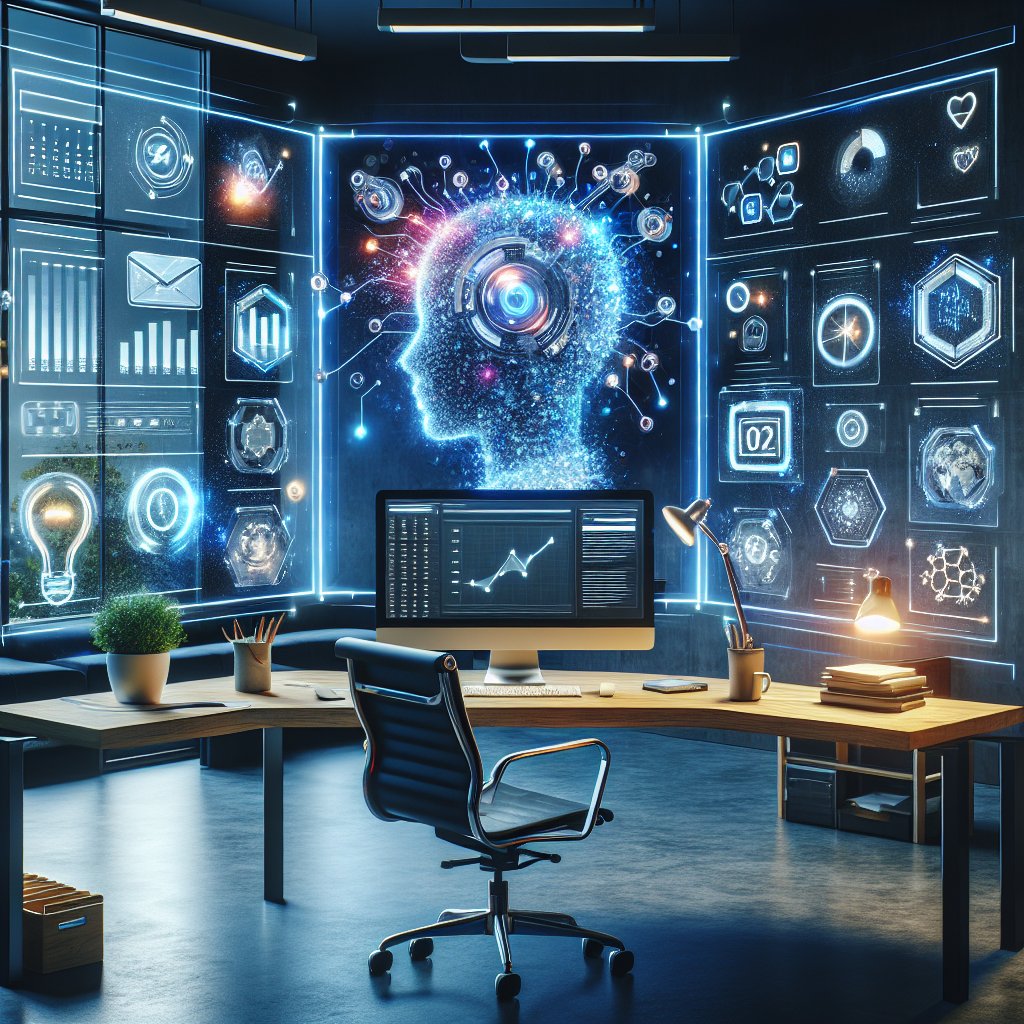 Imagine the cover image for an insightful article titled 'Productivity Tools Unleashed: Stunning AI Automation Software for Effortless Efficiency'. A professional workspace is in view with a modern minimal desk, ergonomic chair, and a high-tech computer setup displaying AI-themed graphics on the screen. Floating around the workspace are captivating holograms of productivity tools, such as calendar reminders, to-do lists, and project management charts, each shaped and animated by gleaming artificial intelligence. The room is brimming with a sense of innovation, the ambience electric with the promise of effortless efficiency driven by advanced technology.