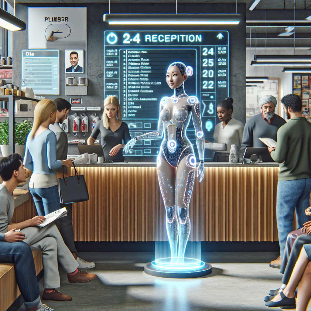 Envisage a bustling plumbing company's reception area. An Artificial Intelligence-powered receptionist, modeled as a hologram, stands behind the front desk. The hologram, projecting an image of an Asian female in a sleek, futuristic outfit, interacts with customers entering the store. She effortlessly schedules appointments on numerous holographic screens floating around her. On the screens, various time slots and plumber profiles can be seen. The waiting area is filled with a diverse group of customers - a blonde man reading a magazine, a black woman with her child, a Middle Eastern elderly man. The backdrop is an office environment filled with plumbing tools and spare parts.