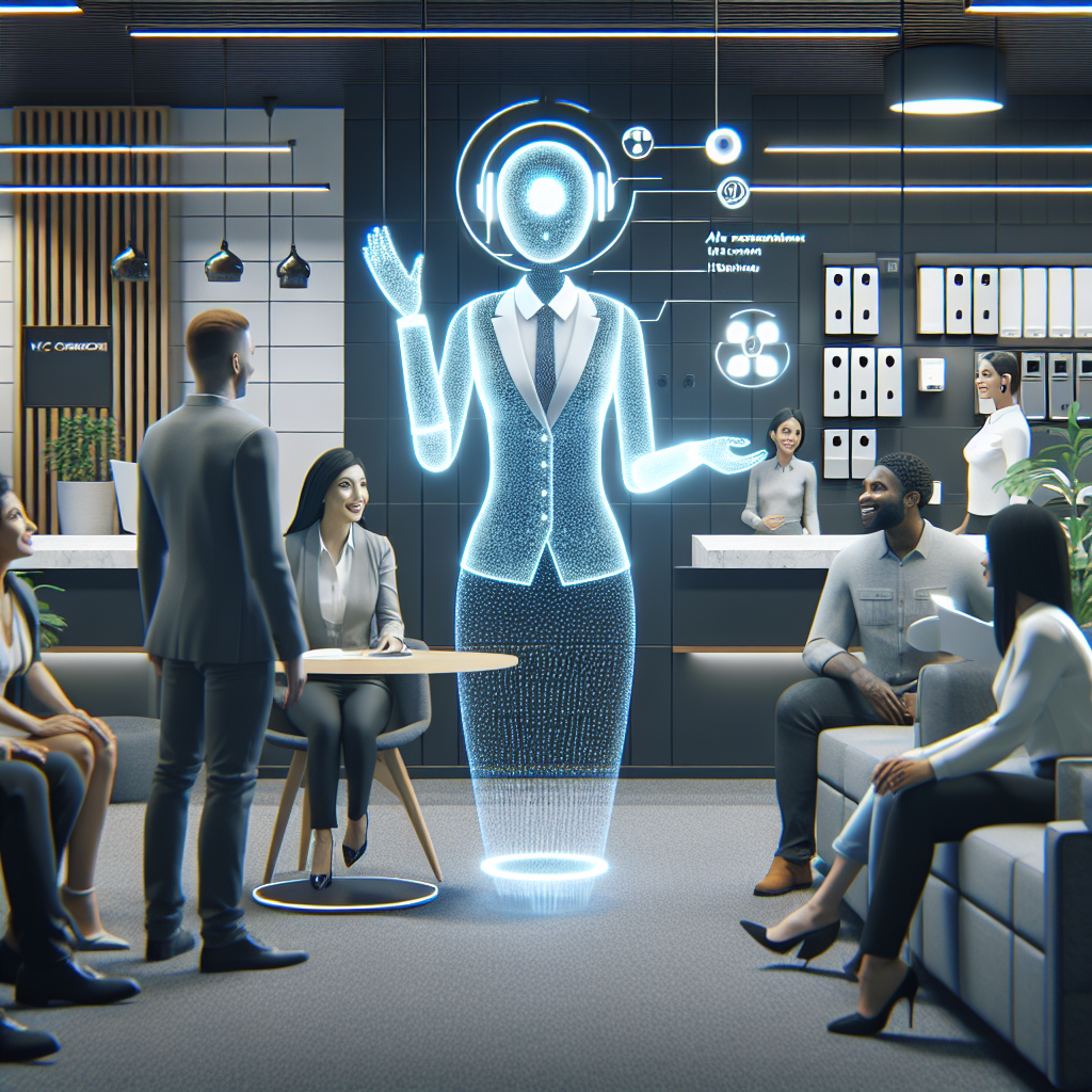 Visualize an image of an AI-based modern office receptionist assisting customers in an HVAC company. The setting should be a sleek and modern office environment, filled with HVAC-related elements such as air conditioner and heating units. The AI receptionist, portrayed as a holographic, gender-neutral human figure, should be professionally dressed, with a cordial smile and a welcoming gesture, interacting with customers of various descents such as Hispanic, Caucasian, and Middle-Eastern, demonstrating the streamlining of customer inquiries. The customers should display different expressions, ranging from curiosity to satisfaction, signifying the effective communication provided by the AI.