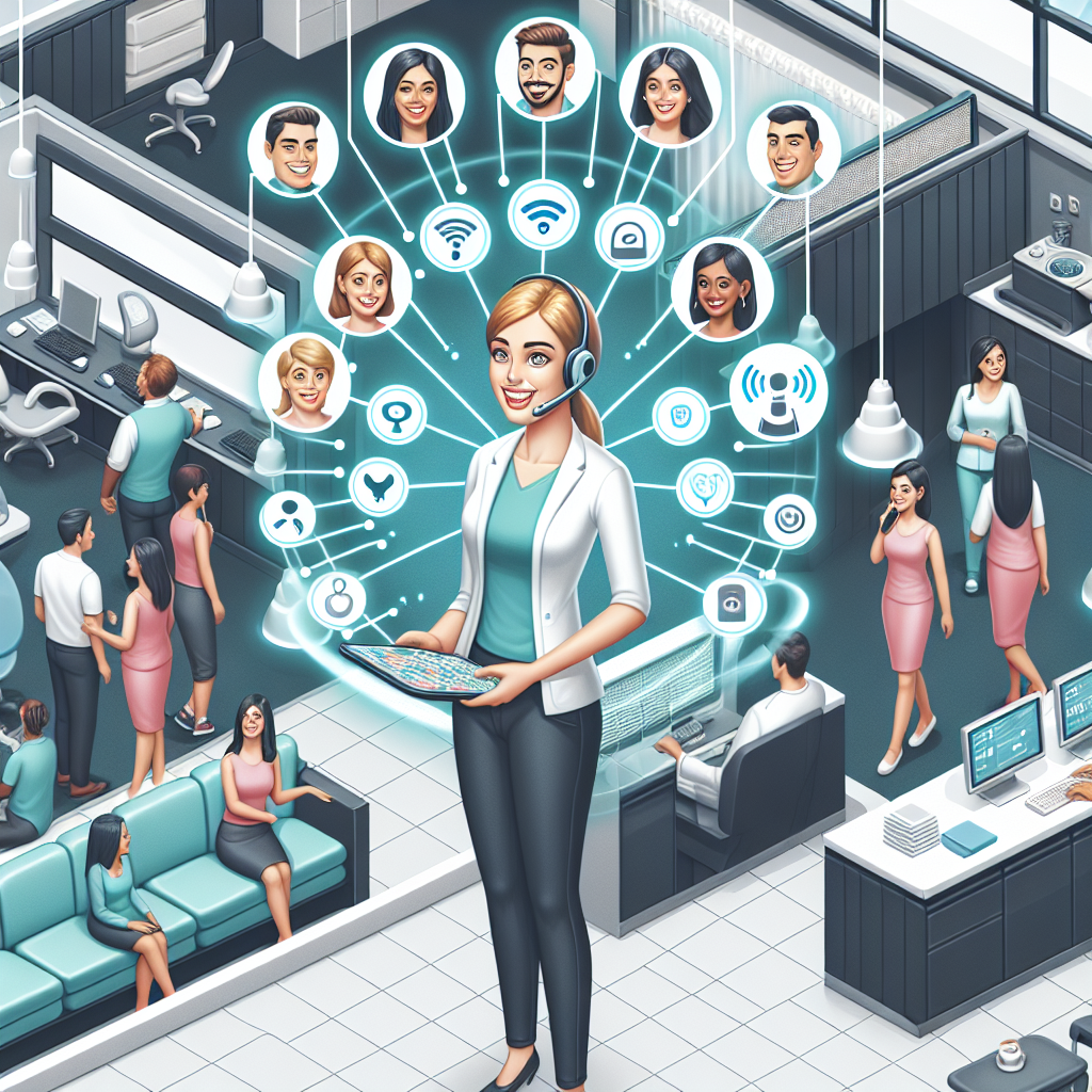 An illustration of a bustling dental clinic with different areas like a well-lit reception area, busy treatment rooms, and comfortable waiting spaces. At the reception desk, an artificial intelligence enabled female receptionist of Hispanic descent handles multiple incoming calls effortlessly, as shown by numerous telecommunication lines radiating from her device. Beside her, a Caucasian male dentist is walking, flashing a relieved smile, presumably for decreased missed calls. In the waiting area, diverse patients of different descents and genders observe the efficiency, sharing satisfied and impressed expressions.