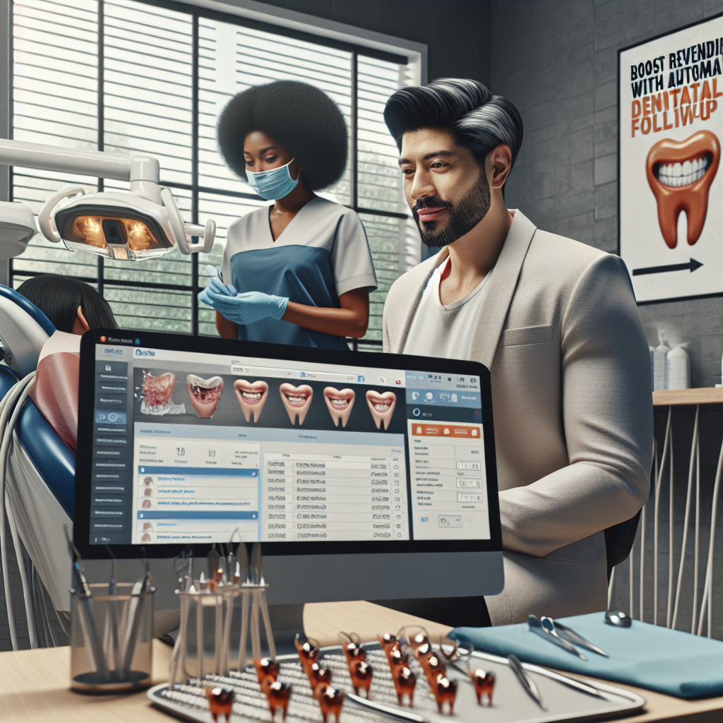 Imagine a modern dental office setting with emphasis on technology. A South-Asian male dentist is analyzing a computer screen showing patient dental data and a follow-up scheduling software. There's a visible sense of ease on his face, underpinning the effortlessness brought about by automation. In the background, a black female dental assistant is assisting a Hispanic male patient, further amplifying the theme of productivity. Strewn across the table are several dental tools sterilized and ready for use. On a wall, there's a poster exclaiming 'Boost revenue with Automated Dental Follow-Up!' to seize the readers' attention.
