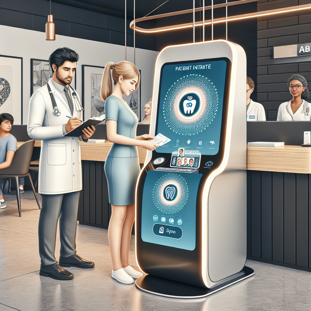 A detailed illustration of a modern dental office reception area. A Caucasian female staff member in medical attire is efficiently managing paperwork on a sleek computer with AI-illustrated logos on the screen, symbolizing effortless patient onboarding processes. A middle-eastern male patient is seen interacting with a touchscreen self-check-in kiosk. The kiosk display shows a digital dental intake form, demonstrating optimized patient intake. In the background, a Black female dentist is seen welcoming a South Asian boy, exuding a warm and efficient clinic ambiance. An ambiance of cohesiveness and technological advancement is evident.