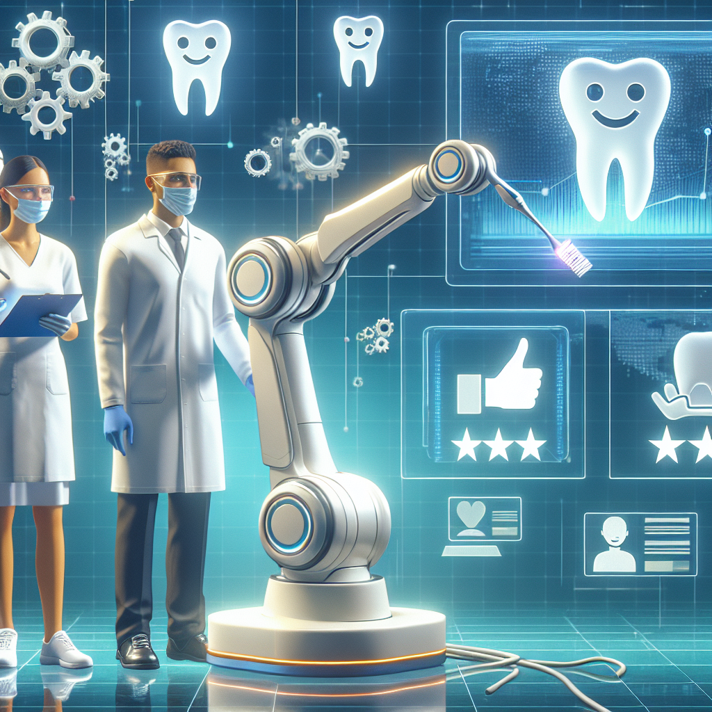 Show an image painting a picture of a futuristic dental clinic where technology is integrated into all aspects of the practice for efficiency and simplicity. You should see a robotic arm holding a toothbrush, with a screen displaying positive reviews in the background. A dentist of Hispanic descent and a dental assistant of South Asian descent should be observing the operation, both looking pleased and confident. Incorporate symbols indicating an increase in positive reviews, possibly through a rating chart or graph shown on the screen or another device. Try to evoke a sense of advancement, efficiency and trust in the image.