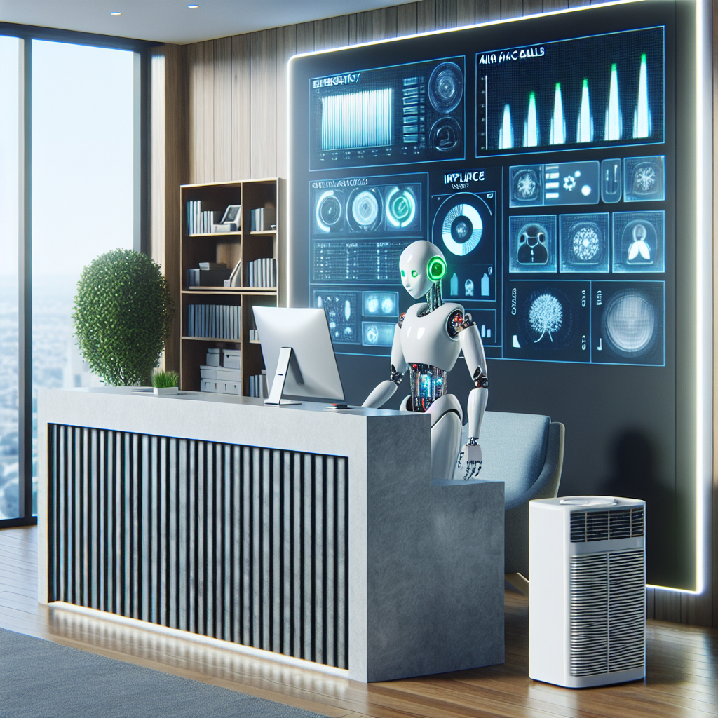 Imagine a modern and well-furnished office reception area with a large desk. Seated behind the desk is an AI receptionist - an advanced humanoid robot with silver metallic skin and green glowing eyes. Next to the receptionist, neatly laid out, are various HVAC equipments including air conditioner and heater parts. On a large display screen behind the AI receptionist, a digital dashboard is visible, showing real-time analytics and influx of emergency HVAC calls. The AI receptionist is seen interacting smoothly with the digital screen, indicating handling of these calls.