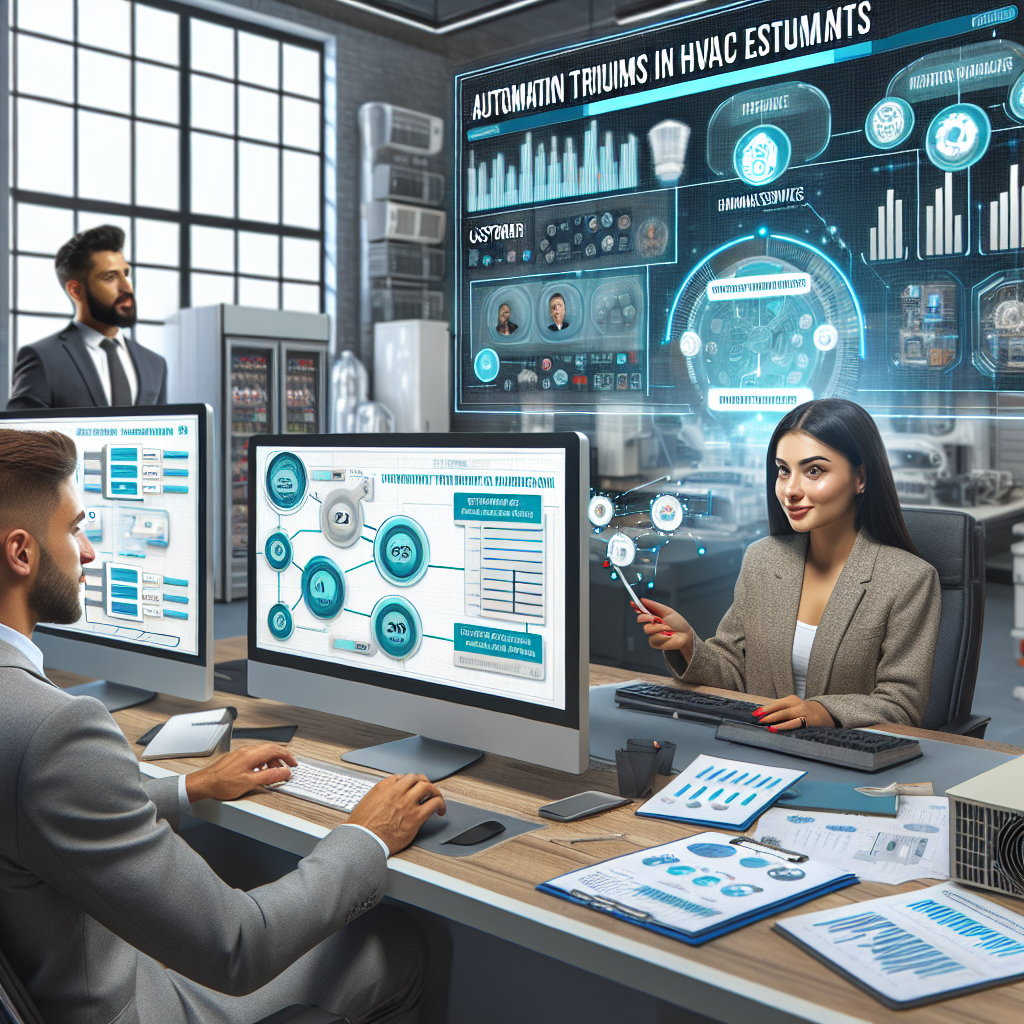 Visualize an informative office scene displaying the concept of automation triumphs in HVAC estimate follow-ups. In the center, a Hispanic female is sitting at her workspace, engaged with multiple monitors displaying charts, graphs, and customer data for HVAC services. On one of her screens, there's a workflow diagram showing the automated process for following up on HVAC estimates. Beside her, a Middle-Eastern male is observing the process and looks impressed. Background elements could include HVAC equipment models and brochures laid on a table, hinting at the industry they work in.