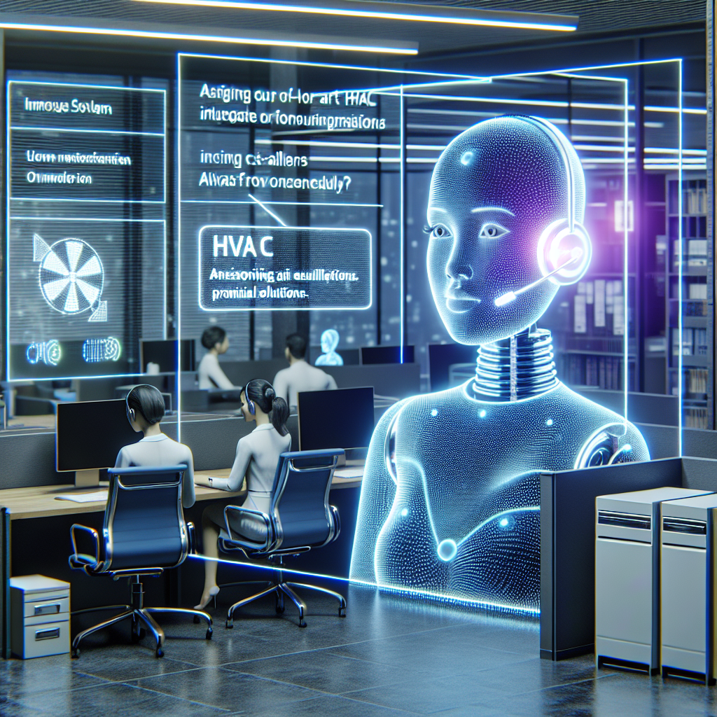 Illustrate a futuristic office setting where a state-of-the-art HVAC system is integrated with artificial intelligence technology. The AI is represented as a holographic, gender-neutral assistant of South Asian descent responding to incoming calls on a modern device with regards to HVAC inquiries. The assistant is answering effortlessly while displaying text graphics of potential solutions. The office is free from human interference, signifying a hint of automation and efficiency.