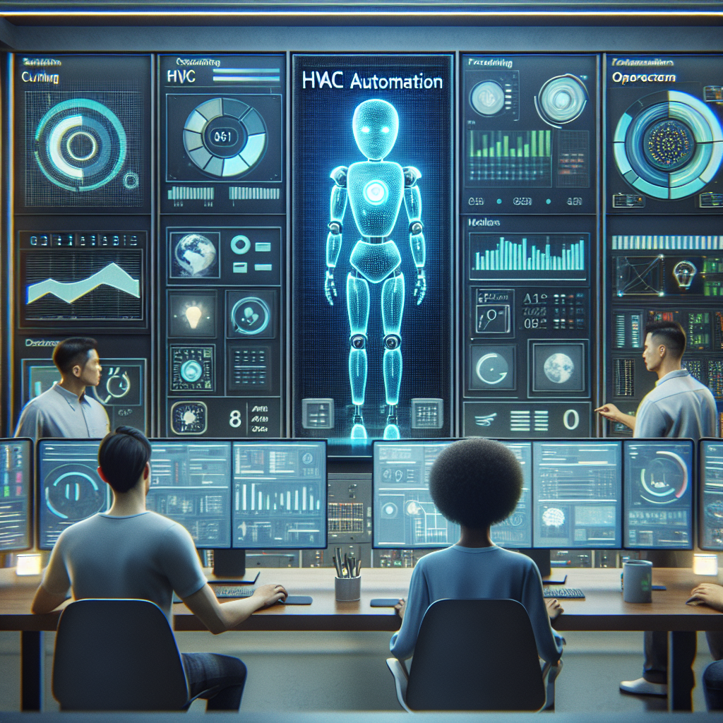 Show a realistic visual concept signifying HVAC automation. The scene should be a modern building's control room filled with computers and screens showing various statistics, forecasting models and AI algorithms. The focus of the scene should be an AI bot depicted as a holographic interface, curating data and making HVAC operational decisions for optimal use of the system. Human technicians of various races, including an Asian man and a Black woman, are working collaboratively with the AI bot to monitor and control the system for maximum efficiency.