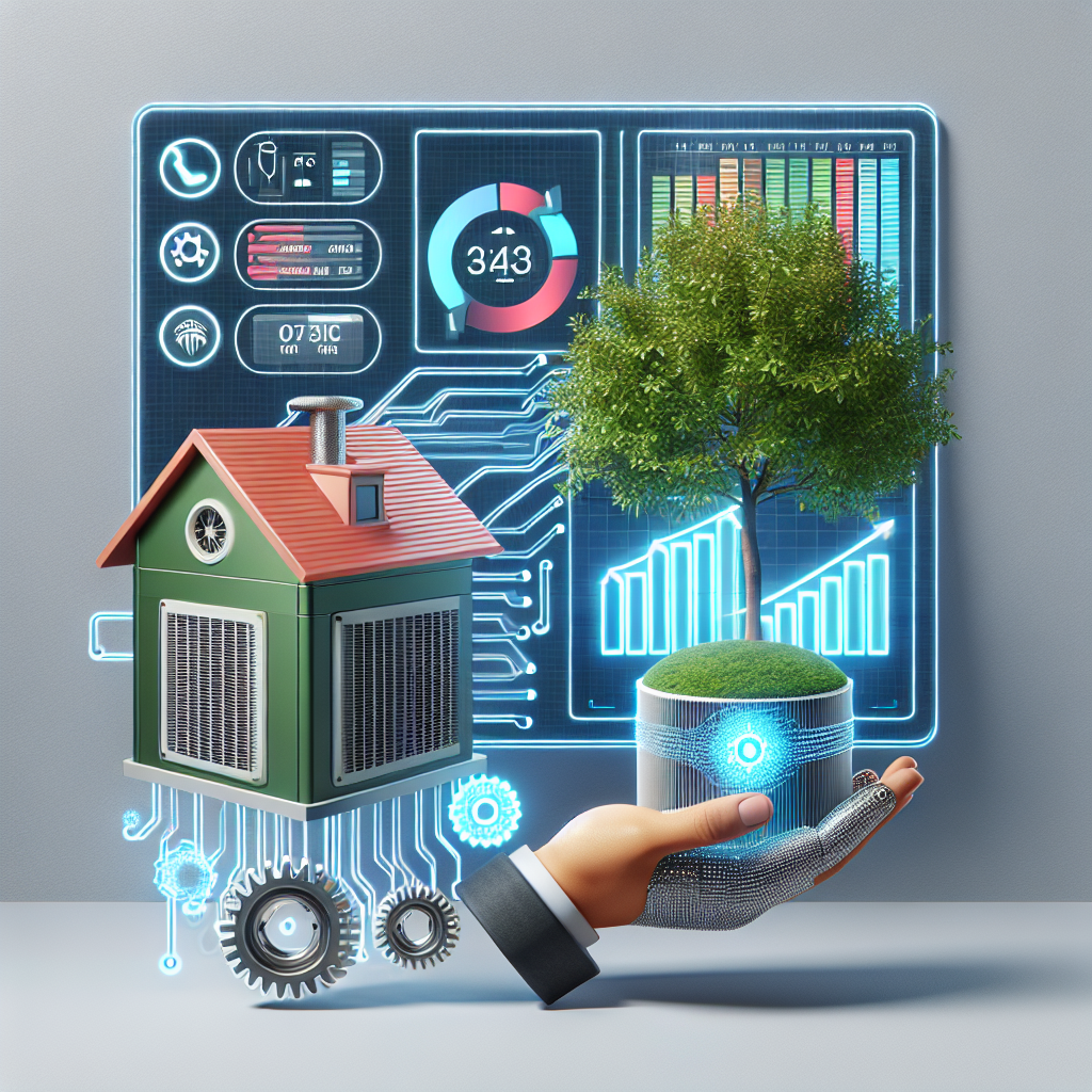 The image should capture the concept of effortless automation leading to growth in the context of HVAC service. Imagine a digitally represented HVAC system, with a graphical interface showing automated functions and statistics for efficiency. Next to it, a thriving, healthy tree could illustrate growth metaphorically. Beneath, there should be gears and hands-off symbol to depict automation without manual intervention. The style should be realistic with modern, tech-friendly colors.