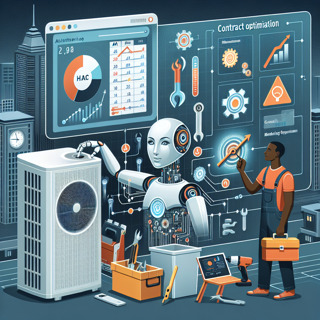 Create an illustration showcasting an artificial intelligence system with a touch screen displaying HVAC infographics. The AI assistant is managing and scheduling HVAC maintenance tasks, symbolized by a calendar with highlighted dates and various HVAC components. A progress bar labeled 'Contract Optimization' is displayed on the screen, indicating an ascending trend. Nearby, a human HVAC technician, an African American woman, is performing a maintenance check on an HVAC system, her toolbox at her side. The background features a modern cityscape to suggest urban living.