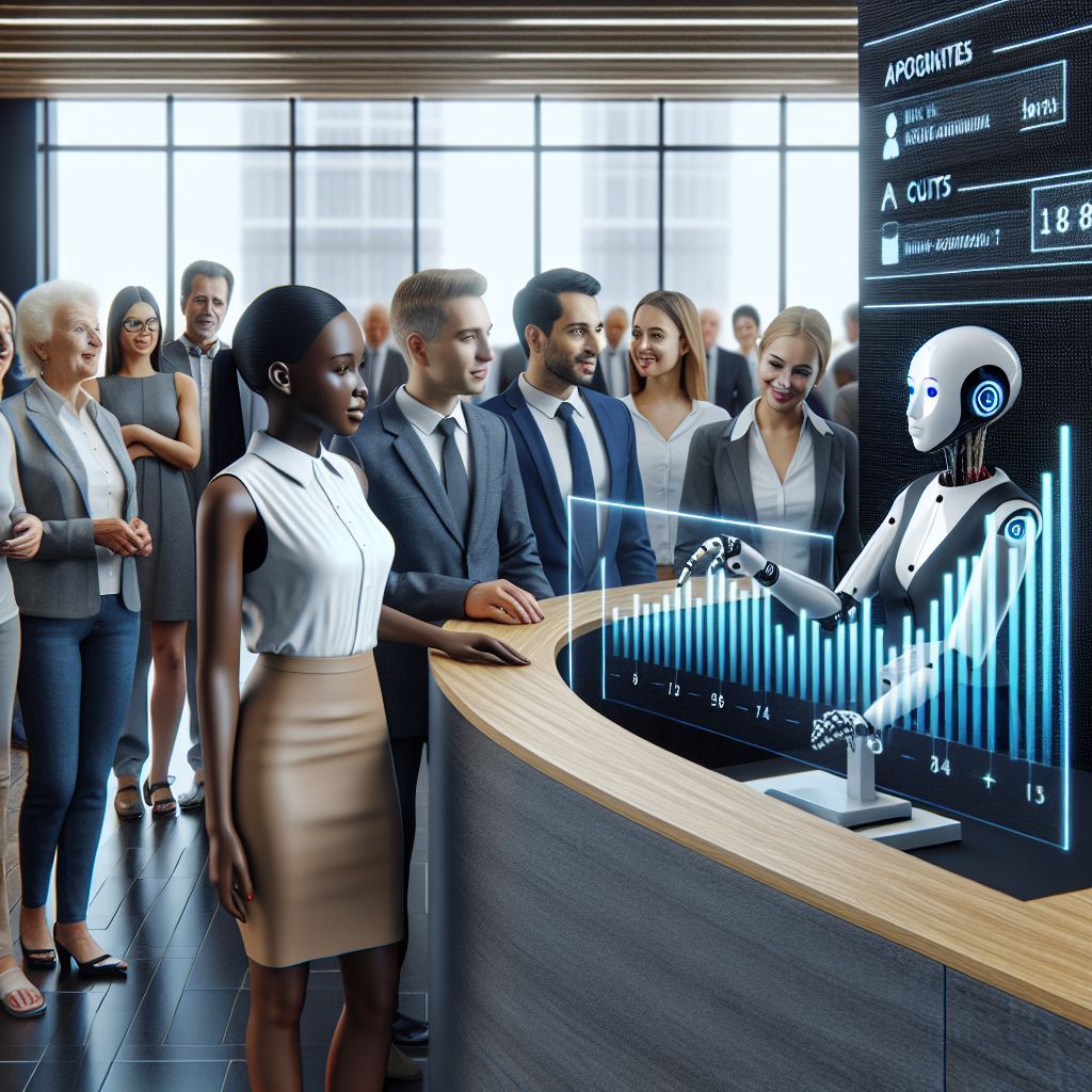 An engaging image of a busy law firm office environment: A state-of-the-art AI receptionist at a sleek modern front desk, effortlessly scheduling appointments on an interactive touchscreen interface, communicating with clients in a variety languages. A line of satisfied clients, diverse in gender and descent such as Caucasian, Black, Hispanic, and South Asian individuals. In the background, a display board shows a dramatic increase in bar-graph form, symbolizing the enhanced revenue. The atmosphere is positively electric, reflecting the firm's boosted productivity and success.