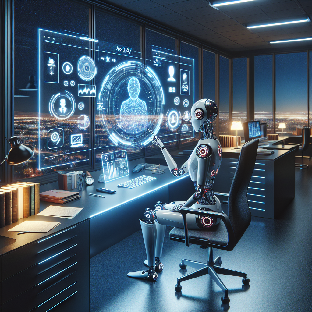 Depict a futuristic office setting of a law firm at night-time. Visible is an advanced AI receptionist sitting behind a large, sleek desk, interacting with a touchscreen holograph interface full of various customer support icons. The AI is beautifully designed, possessing a humanoid robotic form without direct gender specification, aiming to demonstrate neutrality and professionalism. Surrounding the scene, show evidence of active law-office work such as legal documents, law-books, and the faint glow of computer screens from other office spaces, illustrating the concept of '24/7'. Outside the visible office windows, a city skyline with lit-up buildings adds to the round-the-clock ambiance.
