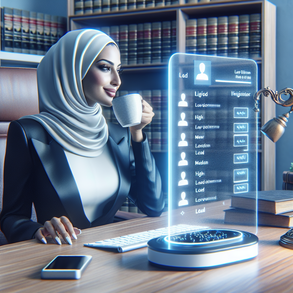 Imagine a scene where a feminine, Middle-Eastern attorney is seamlessly interacting with a futuristic AI interface. She sits in a modern, pristine office, with law books in the background and legal documents scattered on her desk. Her focus is on the AI display showing a stream of filtered potential clients, with indicators of high, medium, and low lead potential. A glow of satisfaction is discernible on her face, while she leisurely sips from a coffee mug. The composition embodies a balance between the advancement in technology and the relief it brings to legal professionals.