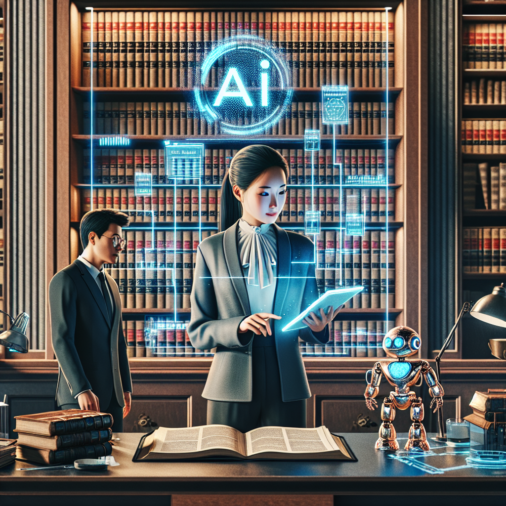 Visualize an office scene in a law firm. At the heart of the room, an East Asian woman is using a high-tech tablet device that has an AI logo glowing on it. She is organizing her schedule which is visualized with digital hologram charts and time blocks. Nearby, a Middle-Eastern man is observing the AI's unprecedented efficiency with awe. Antique bookshelves filled with law books and an aura of professionalism surrounds them. To indicate automation, have small robots tidying up the office and carrying briefcases. The atmosphere is slightly futuristic but maintains the formal vibe of a law firm.