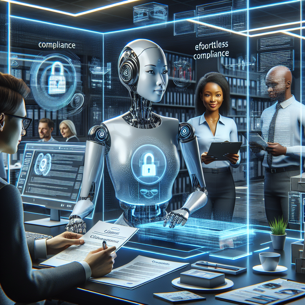 Depict a futuristic office environment filled with advanced technology. In the center, a female Asian AI robot with elegant design is sorting and analyzing documents labeled 'Client Data' in a secure database. On one side, a Caucasian male employee is looking pleased as he effortlessly checks compliance on his computer screen. On the other side, an African female staff is receiving client information from a transparent, holographic screen. The atmosphere should exude security, efficiency, and ease, capturing the spirit of effortless compliance through AI solutions.