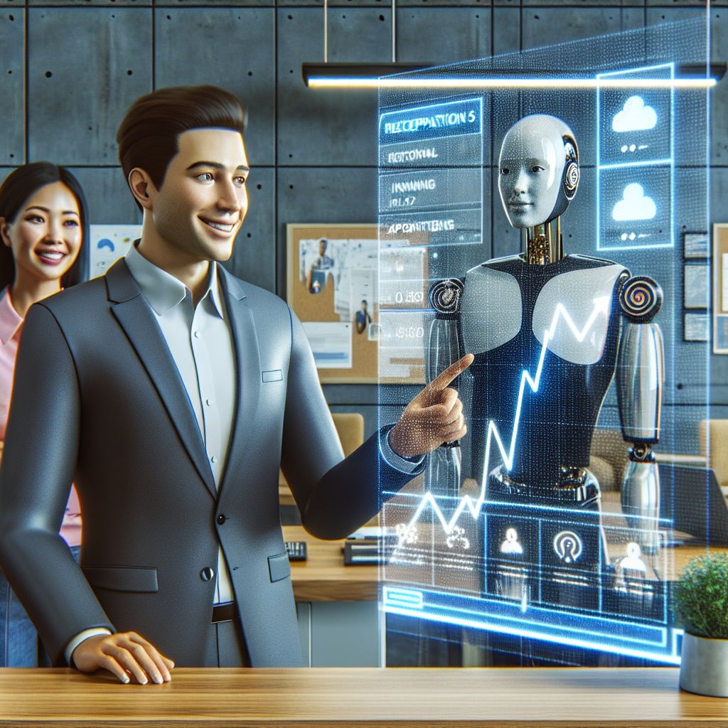 A modern, busy office setting where a mixed-descent male AI-based receptionist is interacting with a sleek holographic interface showing multiple incoming and missed calls. The AI robot, appearing human-like, is efficiently sorting and responding to the calls; some are being transformed into important appointments and others into valuable leads. Off to the side, a smiling East Asian woman boss is approvingly watching the efficiency of the AI. Behind them, a wall-mounted flat-screen is displaying a rising graph that symbolizes effortless growth.
