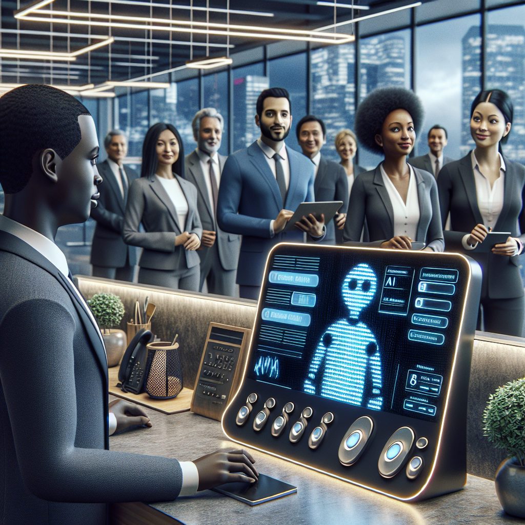 Captivating image that represents an office setting in the future where advanced artificial intelligence has replaced the traditional human receptionist. Include an efficient, sleek-looking AI console which is managing multiple tasks simultaneously, answering calls, managing appointment schedules, and attending to visitors. Include a diverse group of professionals in the background: a Black male project manager, a Hispanic female architect, a Middle-eastern non-binary software developer, and a South-Asian female executive, all expressing satisfaction with the automated system. Do not include any recognizable individuals in the image.