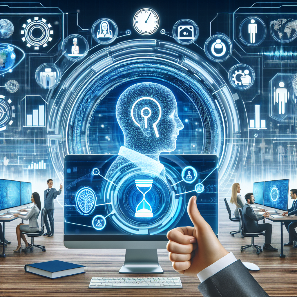 A conceptual image illustrating the enhancement of client satisfaction through improved response times using artificial intelligence. Imagine a futuristic tech office space where various professionals of different genders and descents are working at their high-tech computer stations. The computers are displaying AI symbols and data analytics graphics, indicating machine learning processes at work. In the forefront, a happy client is visible on a digital screen, giving a thumbs-up sign, symbolizing improved customer satisfaction. Perhaps some visual indications of time – such as a clock or hourglass – can also be included, to emphasize the concept of time efficiency.