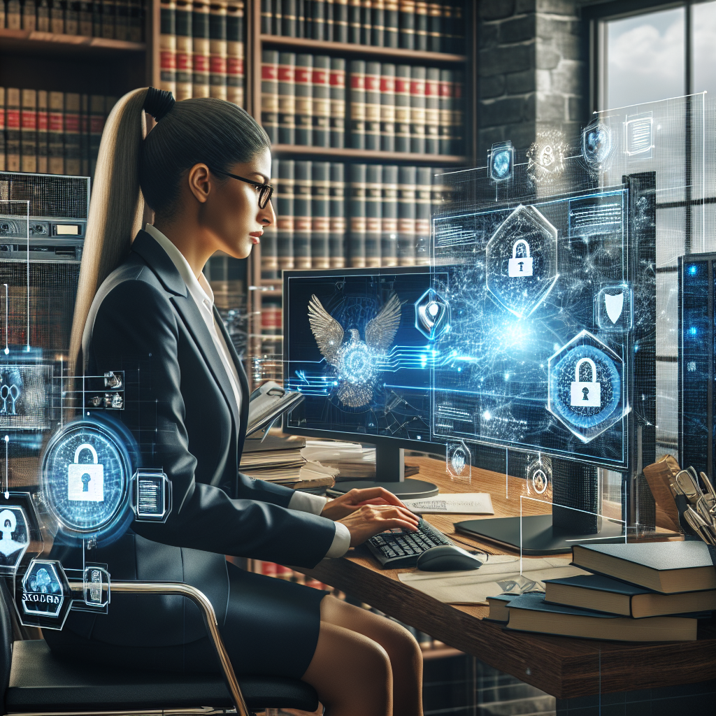 The concept of a high-tech lawyer's office focused on criminal defense. The room is bustling with activity. A female Middle-Eastern lawyer is using cutting-edge AI technology on her computer to streamline the intake process. Secure servers and computers are showing encrypted data. She is confidently reviewing cases, making her work effortless. There's a sense of innovation and security surrounding the entire scene. The room also features law books, certificates, and other elements associated with the law profession.