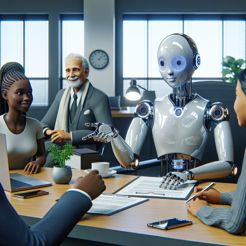 Visualize an overly sophisticated AI system proving seamless support in a family law intake scenario. The AI, depicted as a humanoid robot, with silver metallic surface and illuminated eye sensors, is sitting behind a modern, shiny desk laden with papers and a laptop. It's engaged in conversation with a diverse set of clients: a young Black woman with braided hair, an elderly South Asian man with a white beard, and a Hispanic teenager with a skateboard under his arm. The AI wears a friendly smile and extends a comforting hand to a document symbolizing legal help.