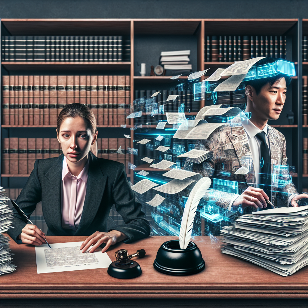 Imagine a fusion of traditional and advanced technology in the context of estate planning. On one side, you see a Caucasian woman with a suit, sitting at a large mahogany desk stacked with paperwork. She looks stressed and overwhelmed. Sneakily peeking out from under the papers, you see an old-fashioned inkwell and a quill. On the other side, an Asian man clad in casual attire confidently manages digital workflows on a futuristic, holographic user interface. The transitions from the old-fashioned method to the advanced tech are seamless against the background of an office with bookshelves filled with law journals.