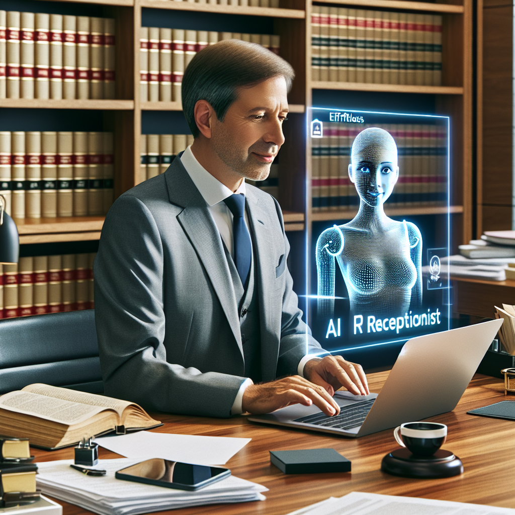 Envision a professional office setting with a solo attorney, a middle-aged Caucasian male, busy working on his laptop at a polished oak desk. Papers, law books, and file folders are scattered across his workspace, adding to the tone of a bustling environment. On the desk adjacent, visualize a futuristic AI receptionist projected from a smart device, it's a hologram of a young Hispanic female smiling and appearing helpful. The AI is holding a virtual placard displaying the message: 'Effortless, Must-Have AI Receptionist'. Render a sense of warmth yet efficiency, painting a picture of modern law practice incorporating advanced technology.
