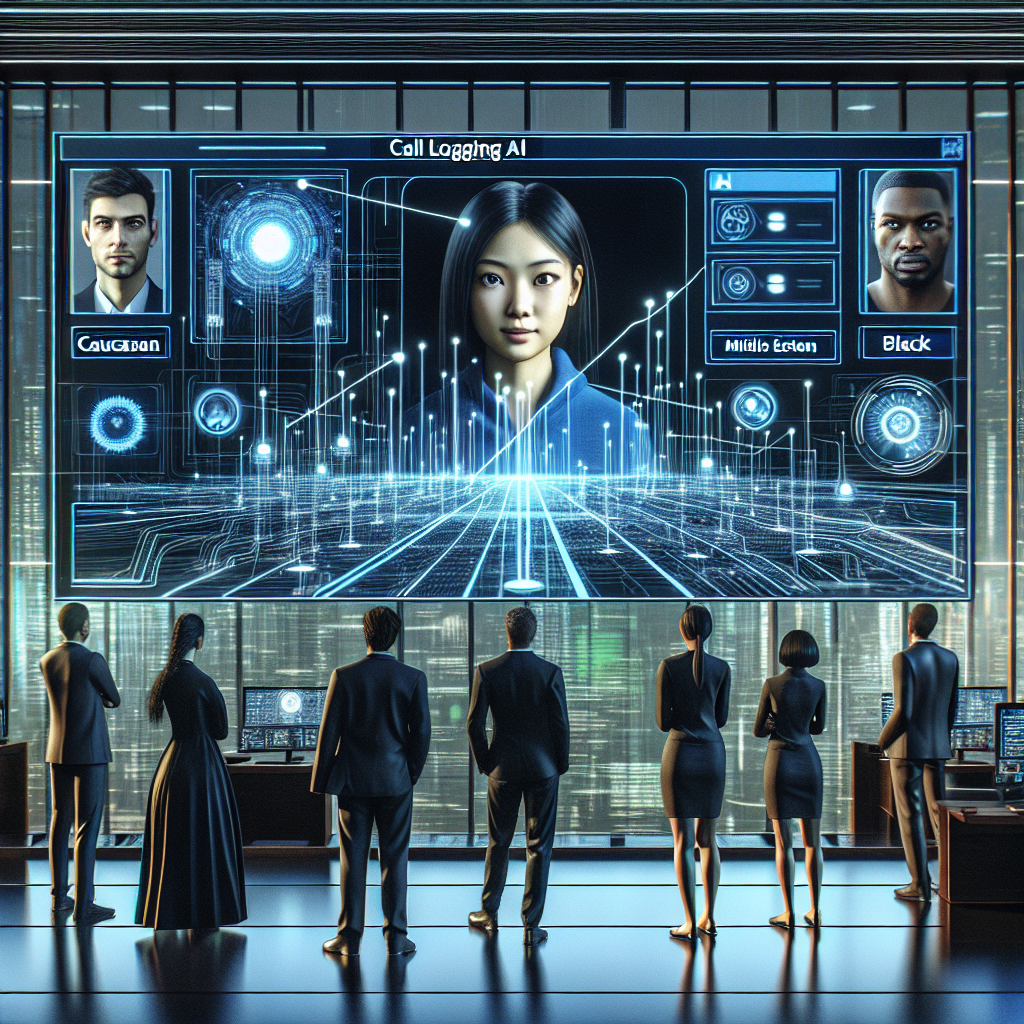A visual depiction of a futuristic case management scene, showing a group of people (consisting of Caucasian man, Asian woman, Black man and Middle-Eastern woman) in a high-tech environment. All of them are looking at a large screen which shows a complex AI system with the text 'Call Logging AI' and lines that connect different cases. The AI system is designed with sleek and modern look, effortlessly managing multiple cases simultaneously. The visualization should show a sense of organization, control and efficiency, reflective of the cutting-edge technology being employed.