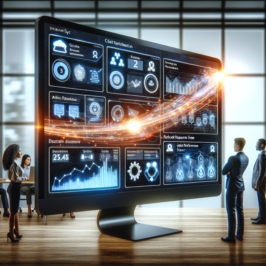 A large, sleek monitor screen against an office backdrop, displaying multiple overlapping screens of CRM software dashboards, one in each corner. A glowing stream of data is shown flowing seamlessly from one application to another, signifying the AI sync. The monitor shows various metrics like increase in client satisfaction rates, reduced response times, and sales performance improvement. On one side, a diverse group of office professionals, a black man and an Asian woman, look satisfied as they watch the data flow, symbolizing client success.