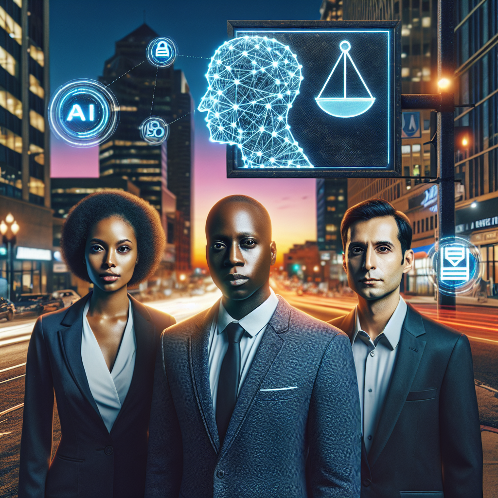 An urban downtown setting in the evening with a vivid sunset in the background. The focus is on a diverse group of professional lawyers: a young, ambitious Black man, a middle-aged Hispanic woman showcasing confidence, and a seasoned, insightful Middle-Eastern man. They are standing in front of a large, visible sign for a law firm that prominently features a modern AI icon. The AI icon is captivating, subtly emphasizing a network of interconnected nodes representing lead capture tricks. Small, digital SEO symbols hover near them, hinting at a local search optimization.