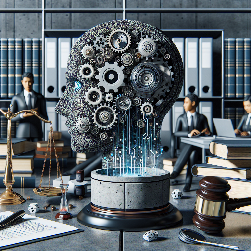 A detailed image of an AI assistant, depicted as concrete and computational gears cleverly integrated into a sleek cybernetic brain, working in harmony amongst books, gavels, hourglasses, and legal documents symbolizing law firm activities. This realm of law is represented by attorneys from Asian, Middle-Eastern, Black and Caucasian descent, equally divided into genders, performing their tasks efficiently in the background. The atmosphere of the office looks importantly efficient and modern. A data stream flows in the background, symbolizing AI’s role in enhancing efficiency and reducing overhead.