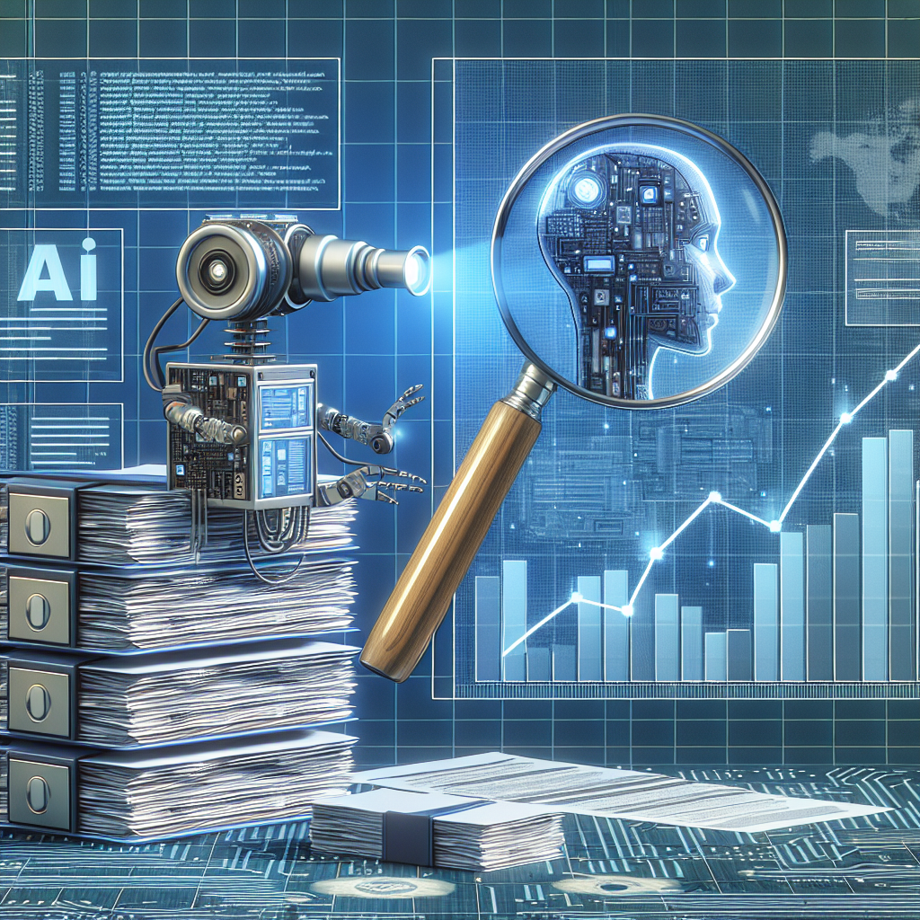 Visual representation of an artificial intelligence system, characterized by circuitry and robotic elements, analyzing stacks of intake forms. The AI system is equipped with a magnifying lens, symbolizing its detailed inspection. The forms depict a variety of topics, representing evidence collection. On the background is a graph showing a noticeable upward trend, signifying a boost in the process efficiency. Include representations of AI’s attributes, such as precision, speed, and accuracy. The overall tone should be modern and clean, emphasizing the streamlined and efficient nature of AI-powered evidence collection.