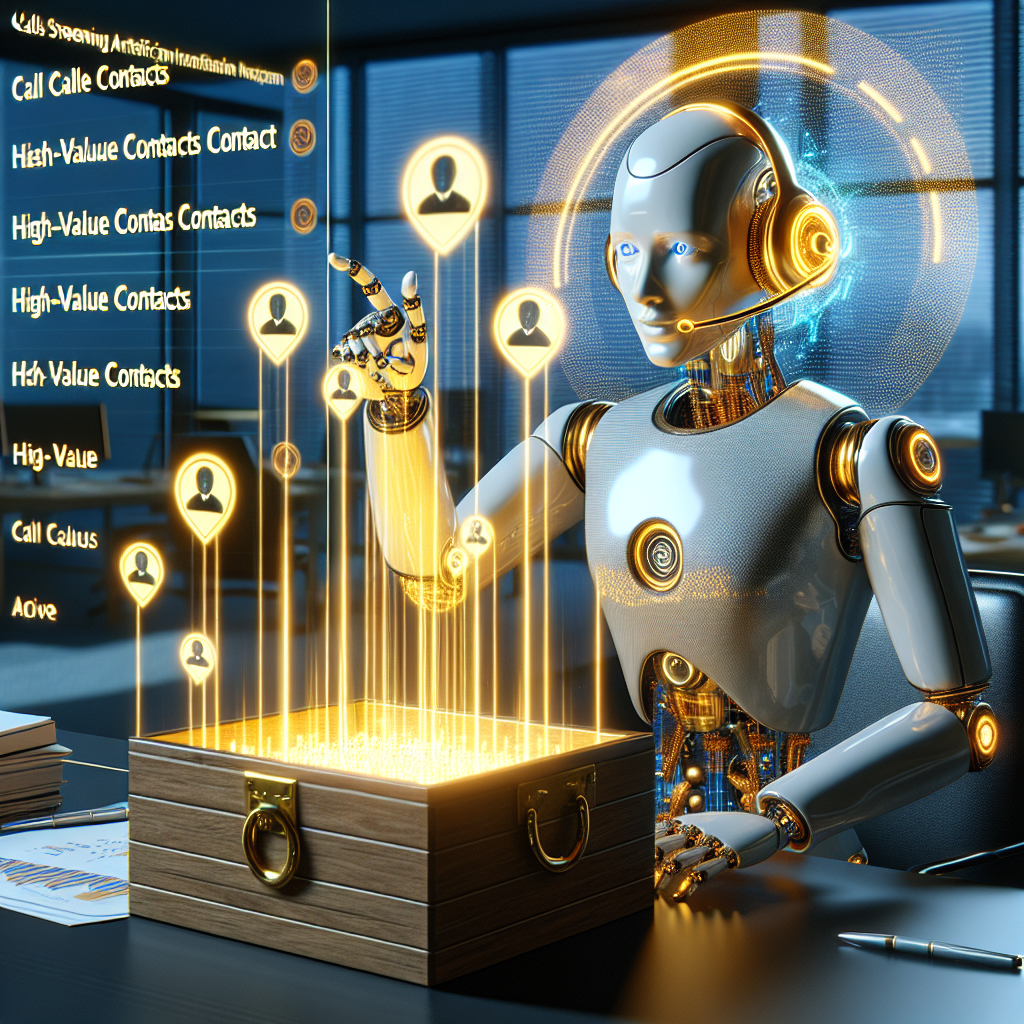 An image illustrating the concept of call screening artificial intelligence at work. A 3D humanoid robot, equipped with a futuristic headset, sits in a modern office environment. The robot, with Caucasian features, is processing incoming calls displayed as glowing digital data streams, sorting them meticulously. High-value contacts are depicted as golden holographic contacts being extracted from the data stream and stored in a treasure chest. The visual metaphor of this image shows how AI can unlock exclusive, high-value clientele for businesses.