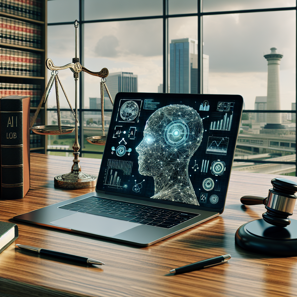 A setting comprising a polished wooden desk with an open laptop displaying an AI interface, specifically designed for compliance logging. The software has complex diagrams and algorithms. There are law books and a gavel nearby, symbolizing the legal context. The background shows a skyline of a modern city seen through a large window, capturing the contemporary nature of such technology. An image of a scale, the universal symbol for justice, is subtly displayed on the screen of the laptop. This setting presents the blend between the traditional legal field and modern technology.