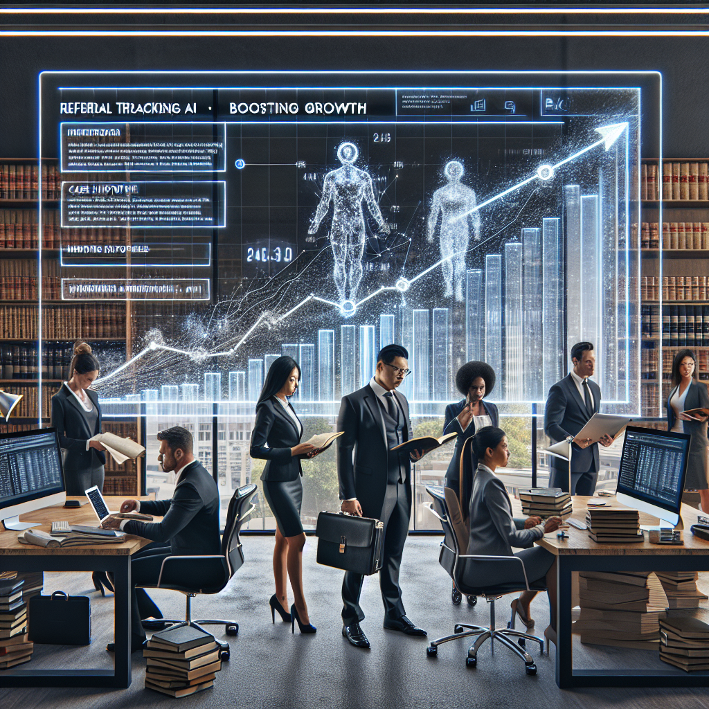 Visualize a bustling law firm office with diverse group of lawyers: a Hispanic male studying a contract, an Asian female examining case history on her computer, a Black female carrying a pile of legal books, and a Caucasian male on a phone call. On the wall, there is a large screen showing a dynamic, interactive graph representing increasing growth rates. The screen is overlaid with a futuristic, translucent AI interface running analysis on referral tracking data, suggesting efficient strategies. One can also see the firm logo and the phrase 'Referral Tracking AI: Boosting Growth' prominently displayed.