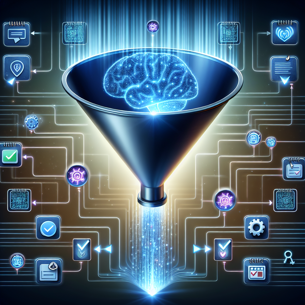 Visualize a top-down view of a funnel, a wide-held representation of a sales process, but with a technology twist. The wider top of the funnel represents several apps spread out, indicating many initial consultations. The middle of the funnel narrows to signify AI analysis or data filtering, illustrated by a cluster of glowing AI technology symbols like brain-shaped circuits, code lines or gear wheels. Towards the narrower end of the funnel, there are calendar icons with check marks, showcasing more successfully scheduled appointments. Inject some depth by showing data particles moving through the system. Use a sleek, modern color scheme with ethereal lighting to imply ease and efficacy.