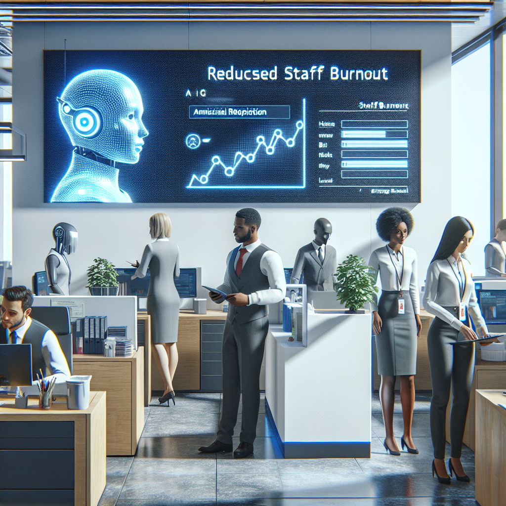 Imagine a bright, modern office setting where AI (Artificial Intelligence) receptionists are efficiently handling administrative tasks. The AI receptionists exhibit a sleek, futuristic design, with interactive holographic screen interfaces that display a range of languages. They're assisting various office staff, bearing different descents like Hispanic, White, Black, and South Asian, both male and female, who appear visibly relaxed and stress-free, focusing on their primary tasks. On the wall, there's a digital board announcing 'Reduced Staff Burnout' with graphics showing a decreasing trend. The office resonates with a vibe of ai-assisted productivity.