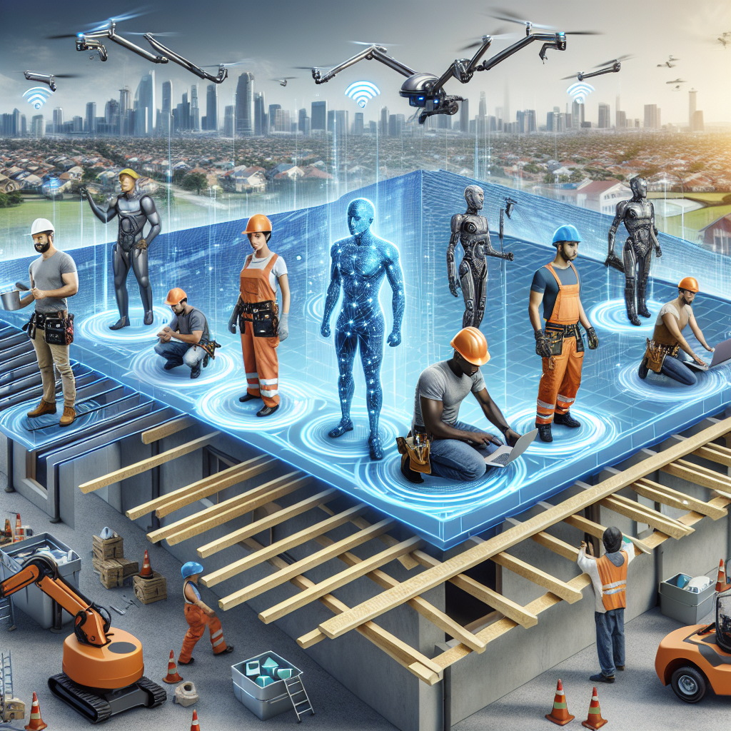 Visualize an image depicting a futuristic setting where roofers, consisting of diverse races and genders such as a Hispanic female, a Middle-Eastern male, and an Asian gender-neutral individual, are leveraging AI automation tools. These tools should resemble high-tech robots or drones, aiding them in repairing and installing roofs at exceptional speed. The construction site should be bustling with activity. Roofs of the buildings appear to be finished effortlessly. Also, the picture should contain digital interfaces around the workers demonstrating the efficiency and speed of AI technology in the roofing leads concept.