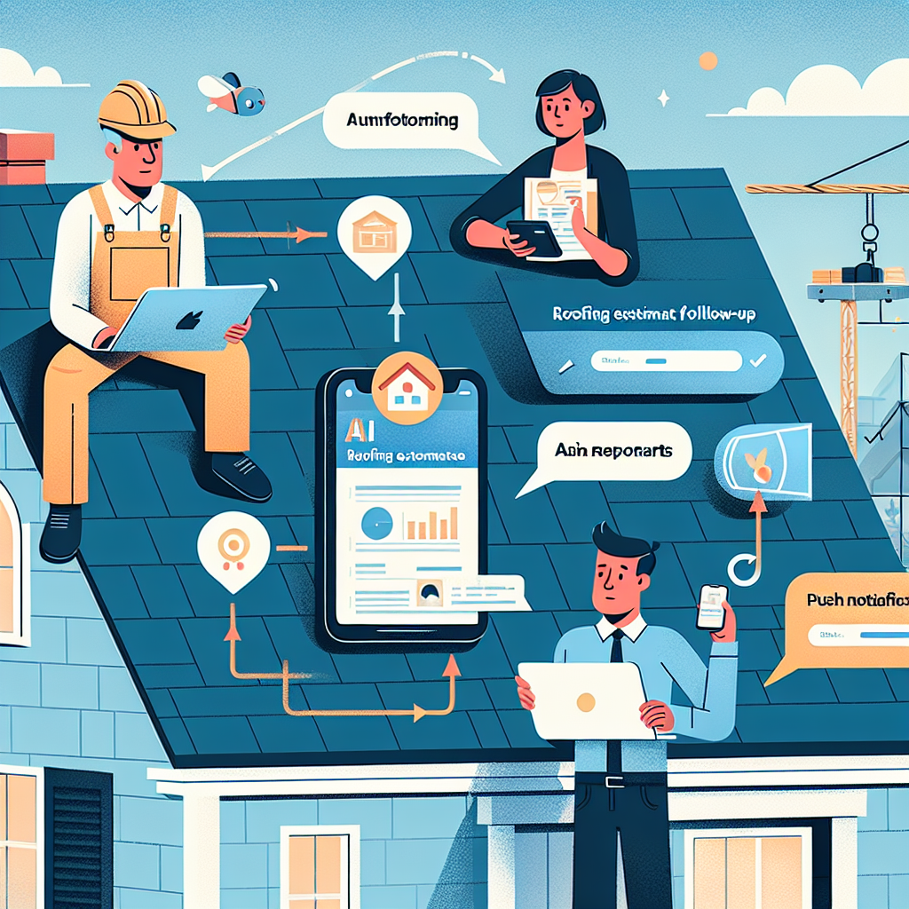 An infographic showing the process of using AI for roofing estimate follow-up. The first panel shows a middle-aged Caucasian roofer using a tablet on a housetop, another panel depicts a Hispanic construction manager reviewing reports on a laptop, and finally an Asian customer receiving a push notification on their smartphone. Further text bubbles and arrows should illustrate the effortless flow of information between them due to AI. The backdrop should be a blend of traditional and modern architectural styles, while the color scheme is professional and calming to signify ease and efficiency.