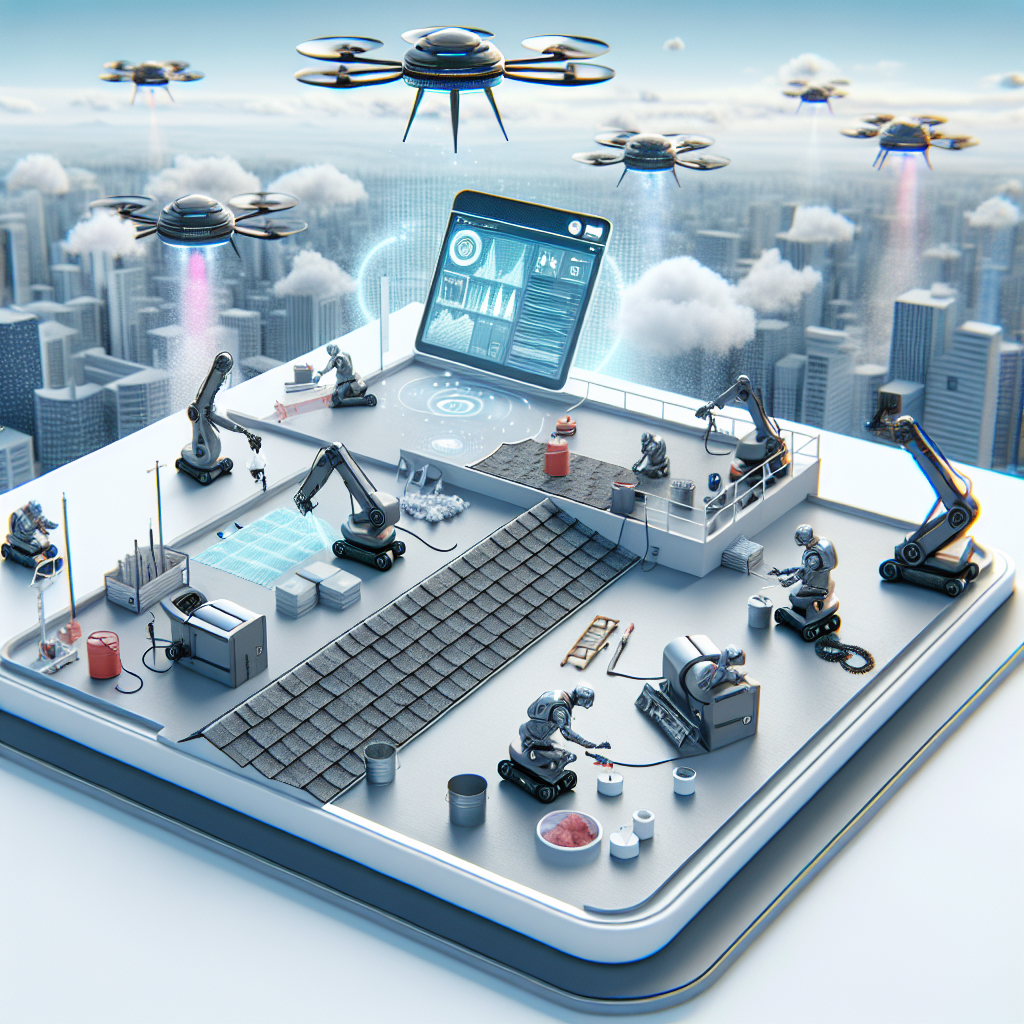 Imagine a futuristic scenario on top of a building. The scene showcases multiple automated high-tech roofing machines. A first machine is proficiently laying down shingle tiles. Another machine is spraying insulation on a different section of the roof. Yet another machine is seen fixing leakages without any human intervention. An advanced drone is flying overhead, performing roof inspections and carrying small tools and supplies to the other machines. An AI-controlled interface displayed on a digital pad is managing all these operations, evidencing the height of roofing automation.