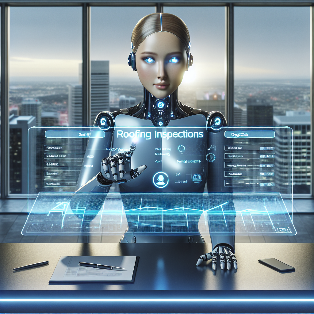 An artificial intelligence receptionist in a high-tech office, situated behind a sleek desk with a futuristic holographic panel displaying roofing inspection data. The AI receptionist is of South Asian descent with gender neutral attributes and has glowing blue eyes, touching the panel effortlessly to organize and schedule roofing inspections. A city skyline can be seen through the floor-to-ceiling windows behind, hinting at numerous inspections scheduled for the many buildings. The aura of the image showcases how modern technology can revolutionize traditional industries.