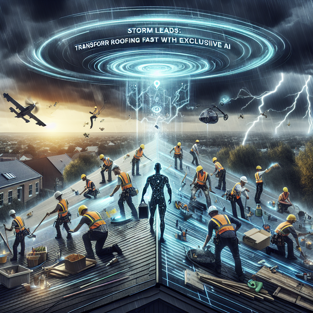 Visualize a busy worksite on a rooftop where a diverse team of workers with different genders and descents: Caucasian, Hispanic, South Asian are quickly transforming a damaged roof. They are coordinated by an AI device with a futuristic holographic interface projecting instructions. The environment around them is chaotic due to a passing storm: dark clouds swirling overhead, winds making the trees sway violently, and occasional bolts of lightning reflecting off the polished tools. Their efficiency and teamwork are clearly standing out in this daunting situation. Include the title 'Storm Leads: Transform Roofing Fast with Exclusive AI' at the top of the image.