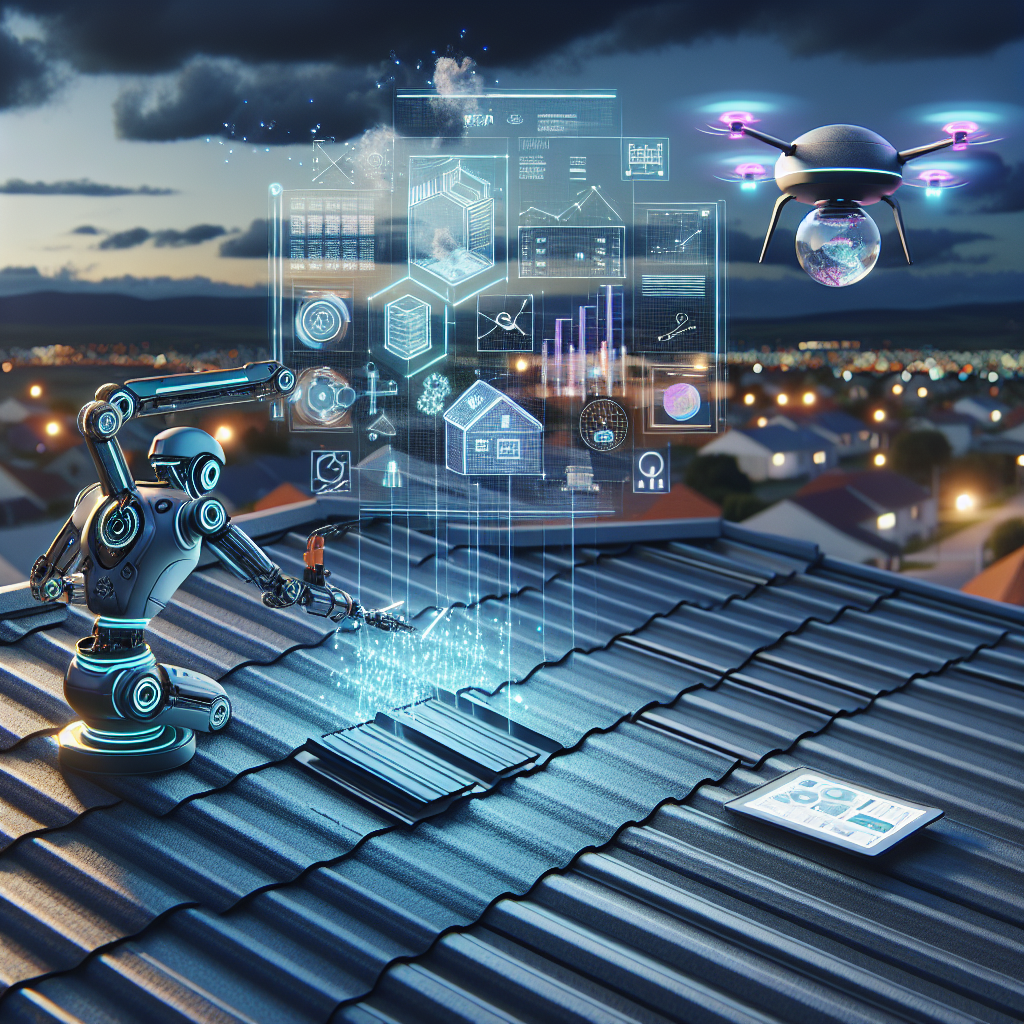 A detailed image showcasing a futuristic technological setup that represents AI automation tools in the roofing industry. The scene includes a shiny, robotic arm installing a tile on a rooftop, while processing a 3D blueprint hologram projected by a small, spherical drone hovering nearby. The drone should be digitalized, projecting charts, schedules, weather information and data analytics towards a tablet operated by a Middle-Eastern female roofer. Include digital clouds around the drone which represent processing data and information. Use subtle neon colors for the AI elements to contrast with the natural colors of the roof and the dusk sky.